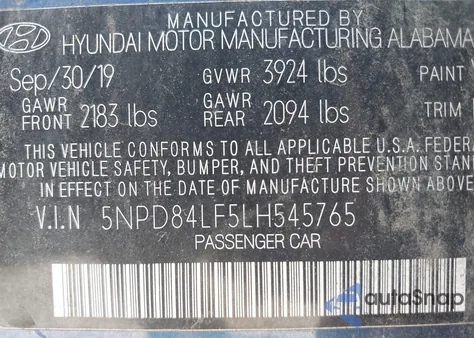 2020 Hyundai Elantra Sel z USA, uszkodzony, nr VIN 5NPD84LF5LH545765